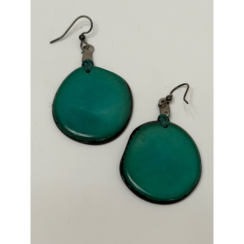 Teal Green Tagua Nut Drop Earrings Organic Vegetable Ivory Boho Statement